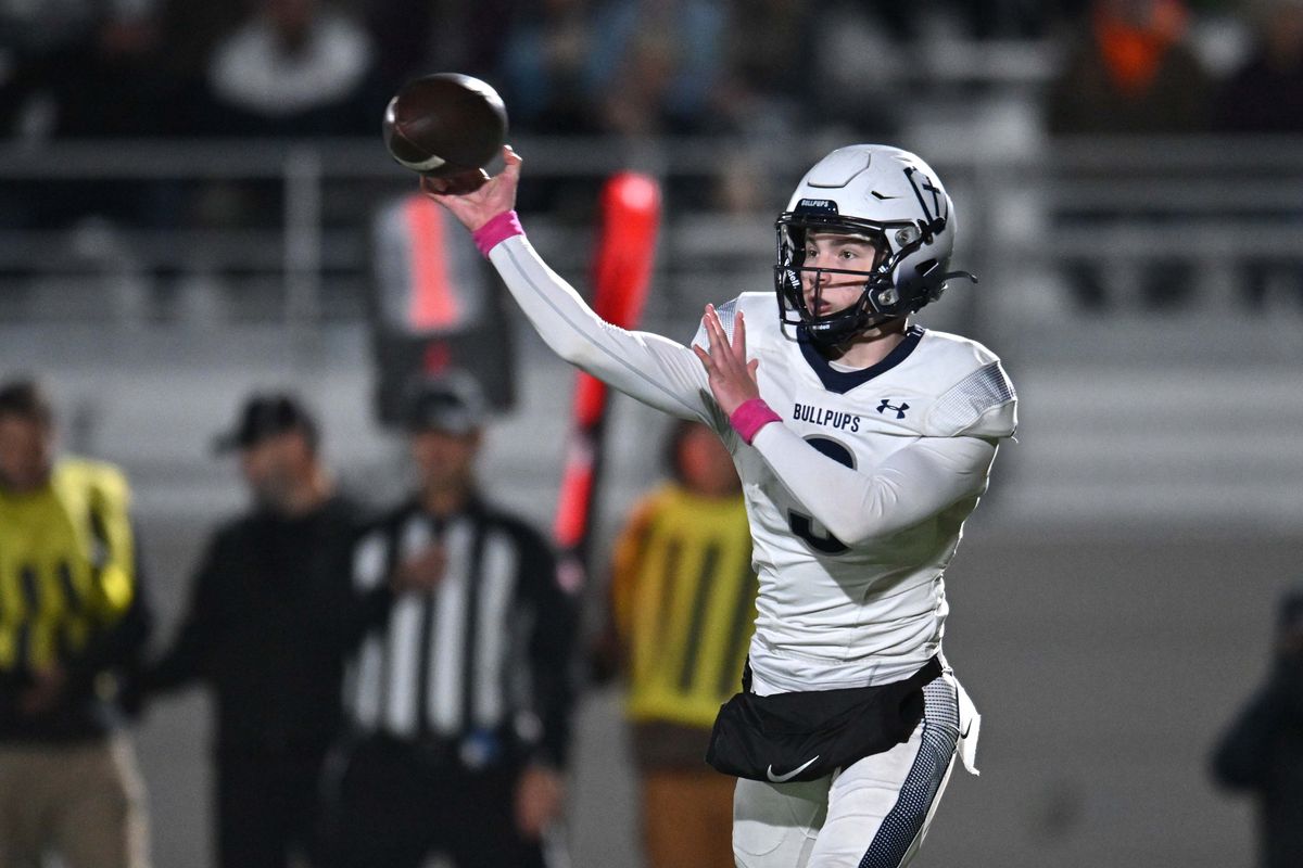 Gonzaga Prep Bullpups Sam Kincaid (3) throws a pass against the Mead Panthers in the first half on Fri. Oct. 25, 2024 at Union Stadium in Spokane WA.  (James Snook)