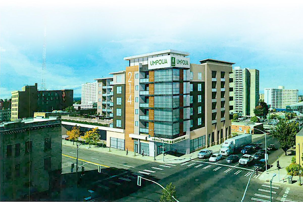 An early rendering of Riverside Commons, which could be built at the intersection of Riverside Avenue and Browne Street. The city is considering giving the project $106,000. Umpqua Bank is no longer involved in the project, and the developer said it will likely look different than this illustration. (Courtesy Kevin Edwards and Bernardo Wills Architects)