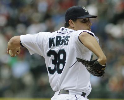 Mariners starting pitcher Jason Vargas held the Phillies to three harmless singles in a complete- game effort on Sunday at Safeco Field in Seattle. (Associated Press)