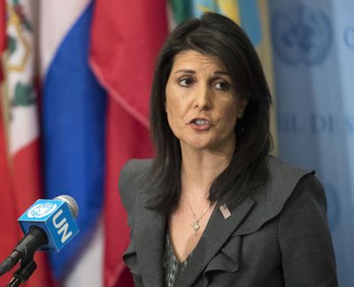 United States Ambassador to the United Nations Nikki Haley speaks Jan. 2, 2018, to reporters at United Nations headquarters. Haley says the U.S. is withdrawing from UN Human Rights Council, calling it “not worthy of its name.” (Mary Altaffer / AP)