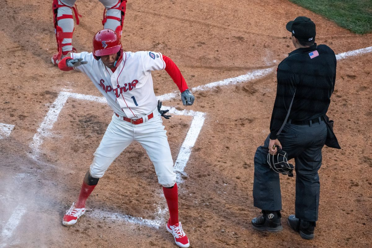 Spokane Indians Bladimir Restitruyo crosses home plate to score on a double by Daniel Montano in the bottom of the second inning during the season opener against Vancouver, Friday, April 8, 2022 at Avista Stadium.  (COLIN MULVANY/THE SPOKESMAN-REVI)