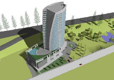 
This is a rendering of a proposed 30-story tower on Coeur d'Alene Lake Drive. The mixed use tower would contain retail, office space and condo units, plus parking for 250 autos. 
 (Courtesy of Scott Whitesitt/ALSC Architects / The Spokesman-Review)