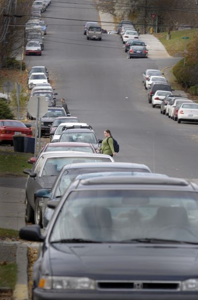 Cars pack the street surrounding Eastern Washington University in Cheney Friday.  (CHRISTOPHER ANDERSON / The Spokesman-Review)