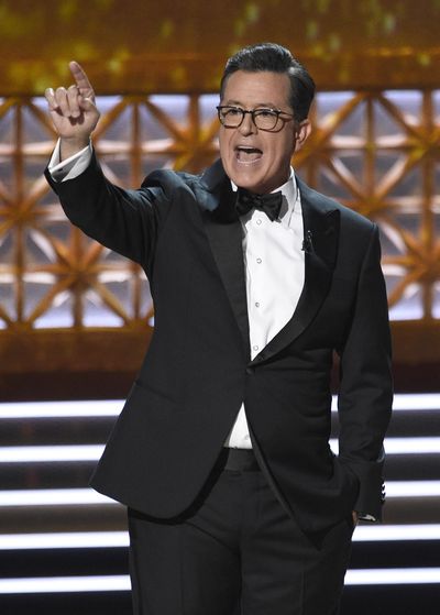 Host Stephen Colbert speaks at the 69th Primetime Emmy Awards on Sunday, Sept. 17, 2017, at the Microsoft Theater in Los Angeles. (Chris Pizzello / Associated Press)