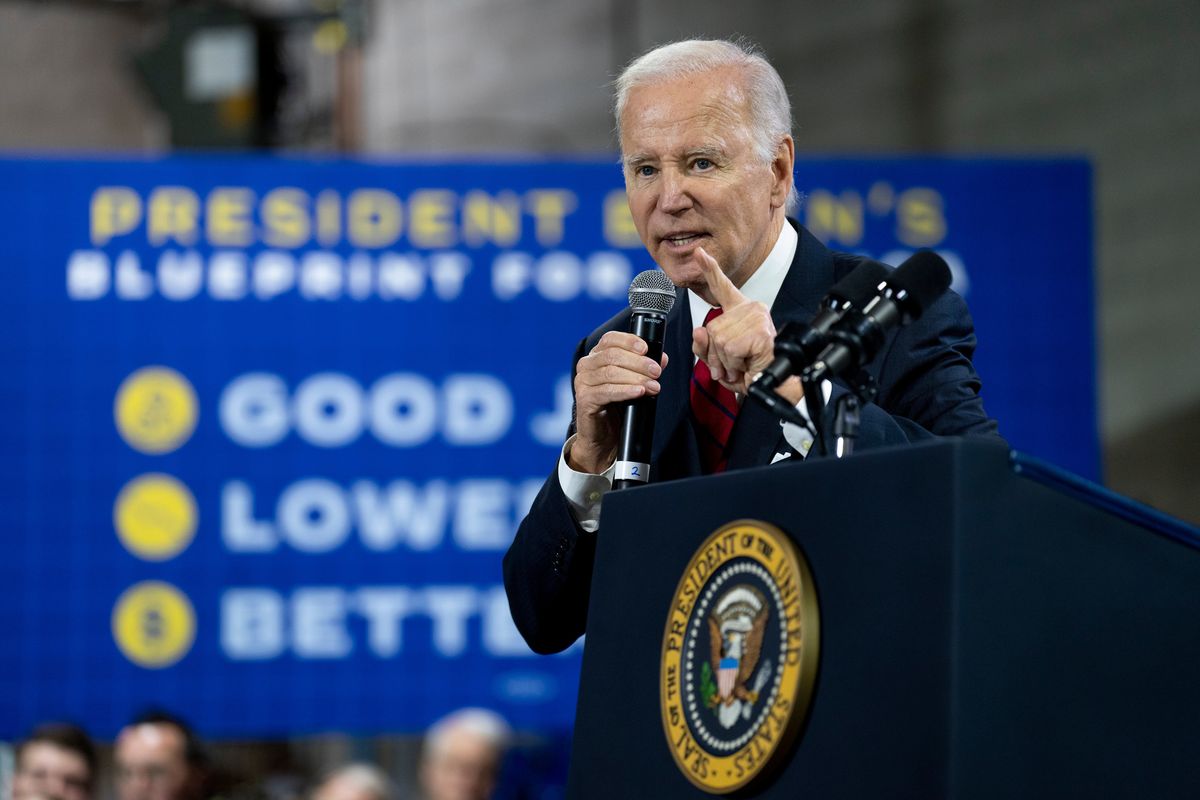 President Joe Biden delivers remarks on the economy at the Steamfitters Local 602 union hall in Springfield, Va., on Wednesday.  (DOUG MILLS)
