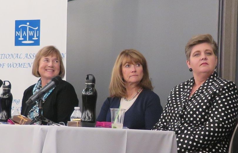 From left, Cathy Silak, Linda Copple Trout and Robyn Brody – the only three women ever to serve as justices of the Idaho Supreme Court – speak on a panel in Boise sponsored by the Idaho Legal History Society on Sept. 14, 2017. (Betsy Z. Russell / SR)
