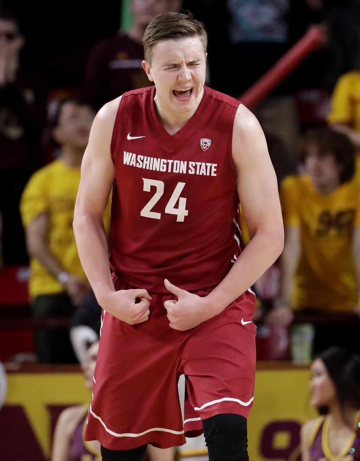 Washington State forward Josh Hawkinson (24) reacts after making a basket against Arizona State during the second half of an NCAA college basketball game, Sunday, Jan. 29, 2017, in Tempe, Ariz. (Matt York / Associated Press)