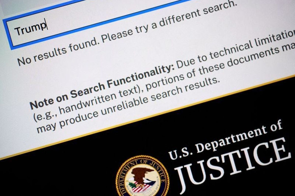 A search for “Trump” shows no results on the U.S. Department of Justice online library of new documents from disgraced late financier and sex offender Jeffrey Epstein, seen on this computer screen and arranged for a photograph by Reuters on Friday, in Washington, D.C.   (Jonathan Ernst/Reuters)