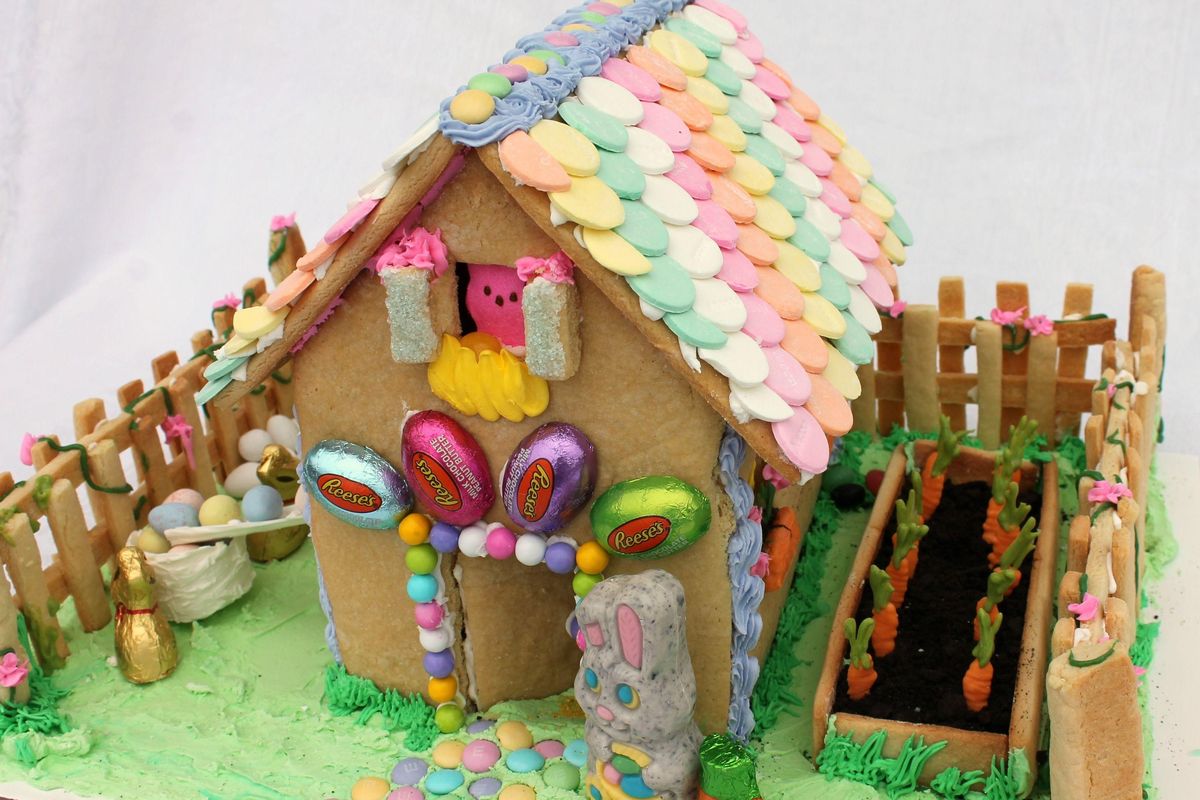 Edible houses aren’t just for Christmas. This bunny house centerpiece celebrates springtime and Easter. (Lorinda McKinnon)