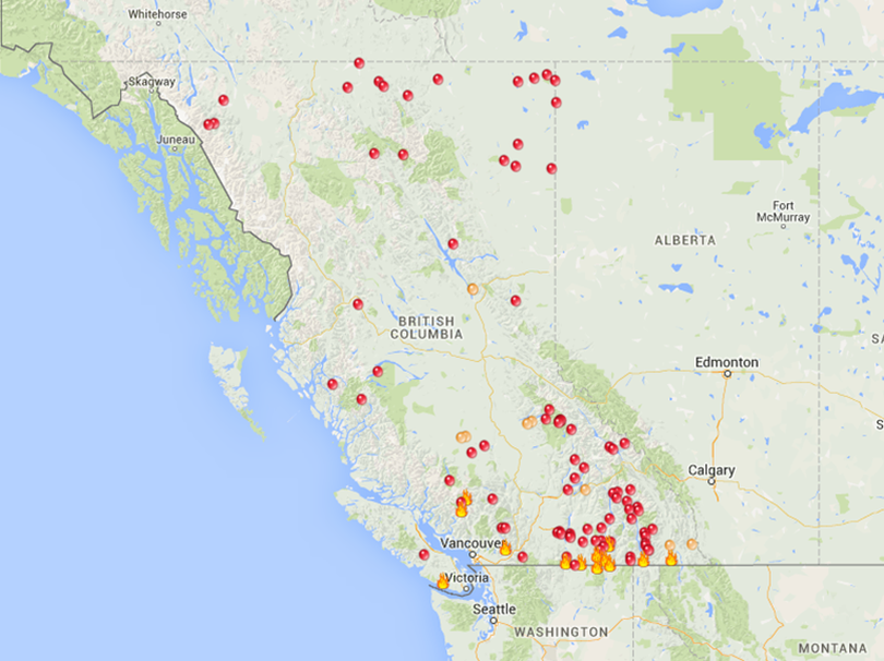 British Columbia wildfires and complexes on Aug. 31, 2015.