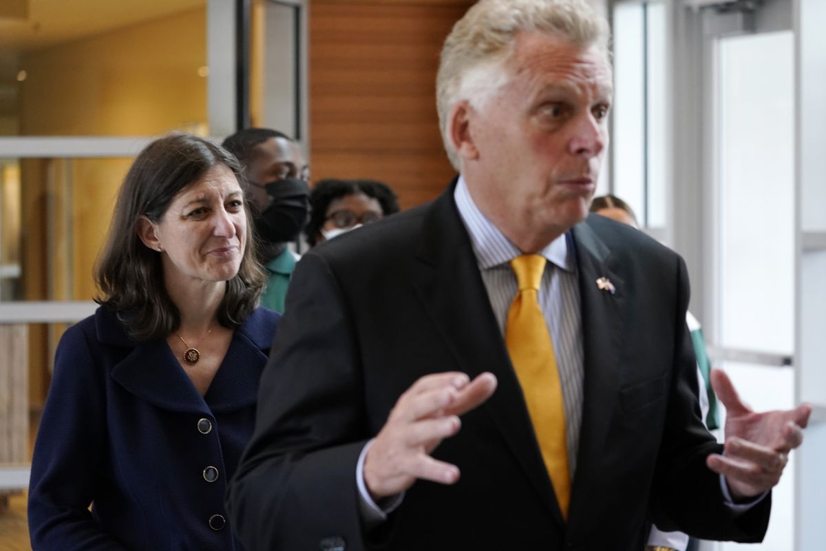 Virginia Democratic gubernatorial candidate and former Governor Terry McAuliffe, right, and U.S. Rep. Elaine Luria, D-Va., tour Norfolk State University on July 15, 2021, in Norfolk, Va.   (Steve Helber)