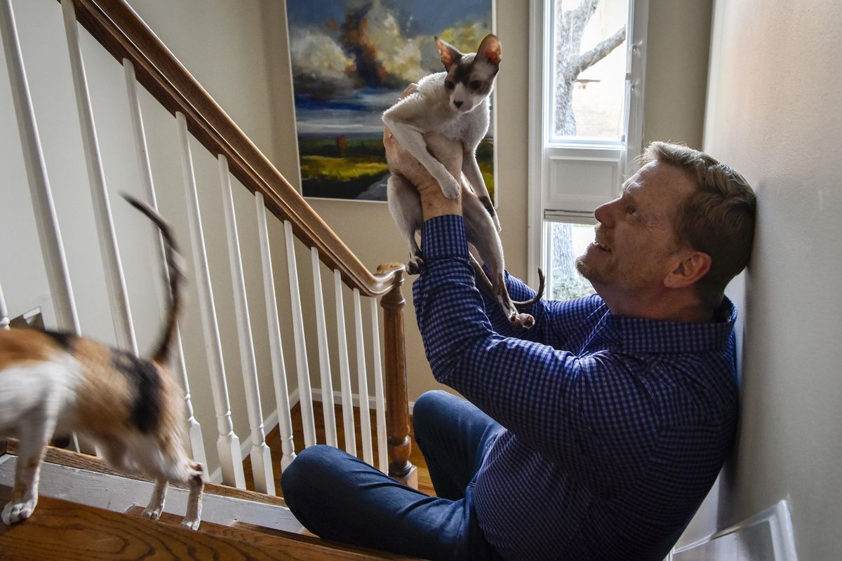 Mark King, whose HIV positive status is now considered non transferrable with proper treatment, at home with Henry, the cat, in Baltimore. (Bill O