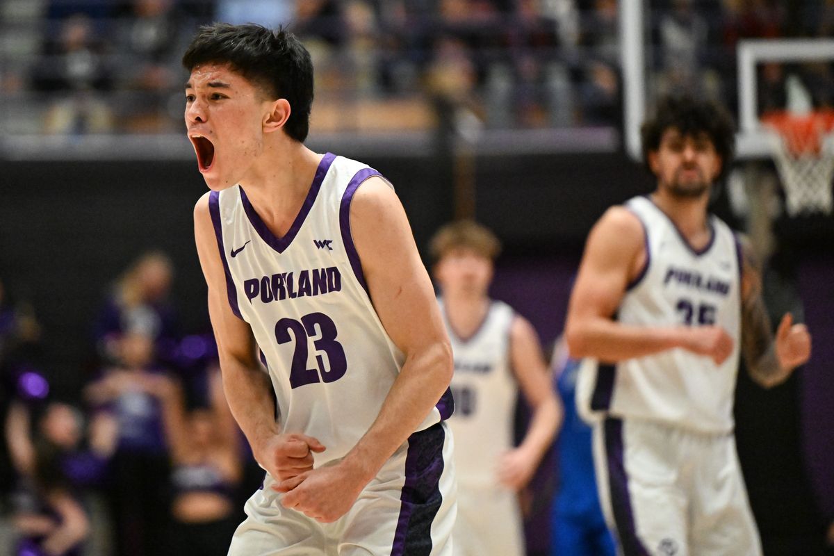 Portland guard Joel Foxwell celebrates after making a 3-pointer against Gonzaga during a West Coast Conference game on Wednesday at Chiles Center in Portland. (Tyler Tjomsland/The Spokesman-Review)