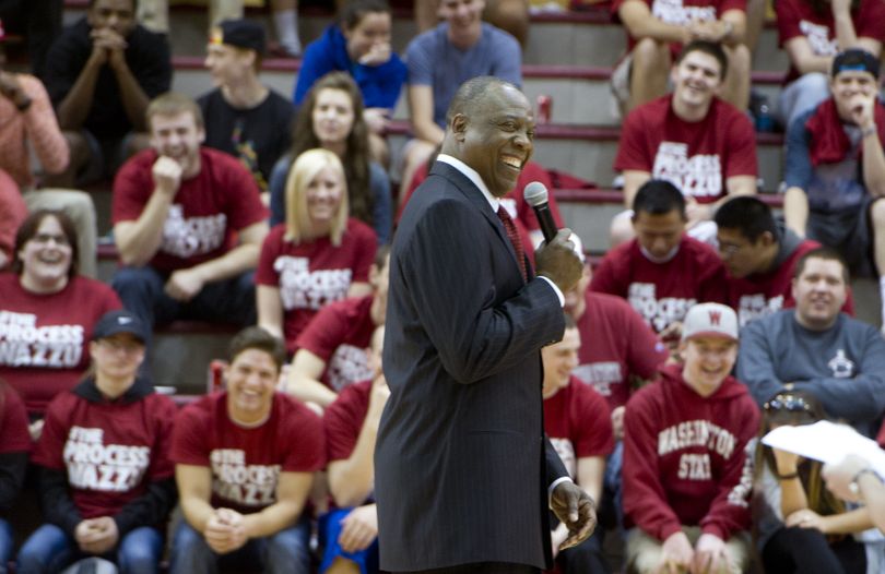 WSU basketball coach Ernie Kent grins during a pep rally with students following his introductory press conference on Wednesday, April 1, 2014, at Bohler Gym in Pullman, Wash. (Tyler Tjomsland / The Spokesman-Review)