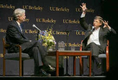 
Microsoft Chairman Bill Gates, right, responds to questions posed to him by Richard Newton, dean of the engineering school at the University of California, Berkeley, during a discussion on outsourcing earlier this month, in Berkeley, Calif. 
 (Associated Press / The Spokesman-Review)