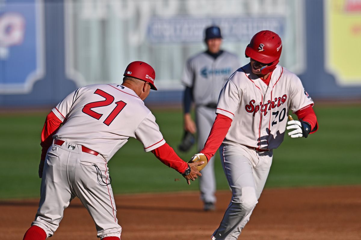 Indians infielder Kevin Fitzer hits a home run against the AquaSox on April 4 at Avista Stadium. (James Snook)