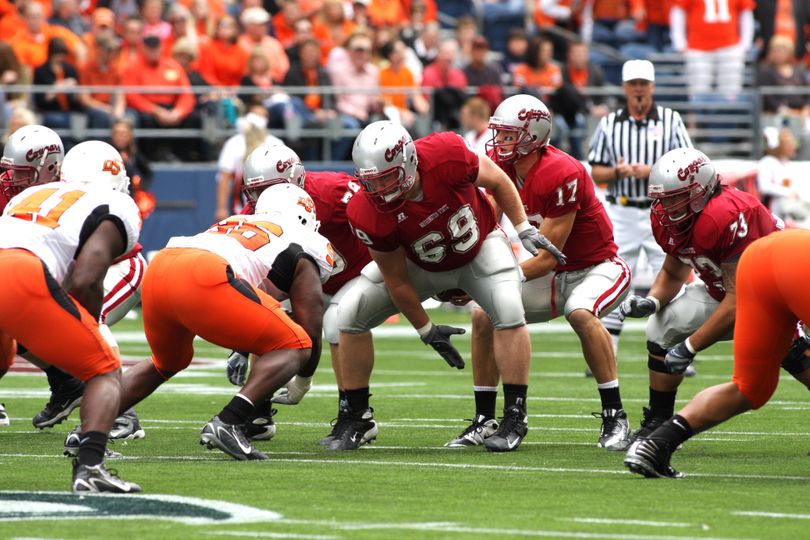 After the 2008 season opener against Oklahoma State, center Kenny Alfred (69) and the WSU offensive line were hampered by injuries.  WSU photo (WSU photo / The Spokesman-Review)