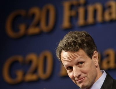  Treasury Secretary Timothy Geithner attends a press conference during the G-20 meeting in  South Korea.  (Associated Press)