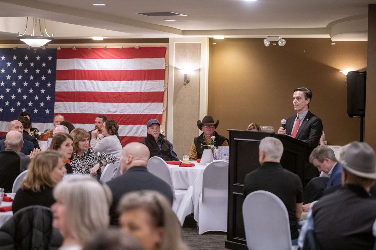 Andrew Koeppen, who claims to be the chairman of the Grant County GOP, speaks at the Grant County Lincoln Day Dinner on Feb. 24 in Moses Lake.  (James Hanlon/THE SPOKESMAN-REVIEW)