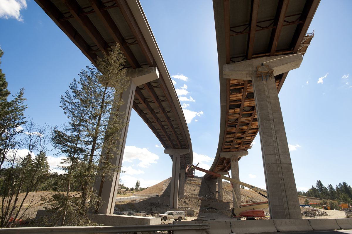 Major work is nearing completion on the northern portion of the north Spokane freeway, including these flyover bridges at Wandermere. (Colin Mulvany)