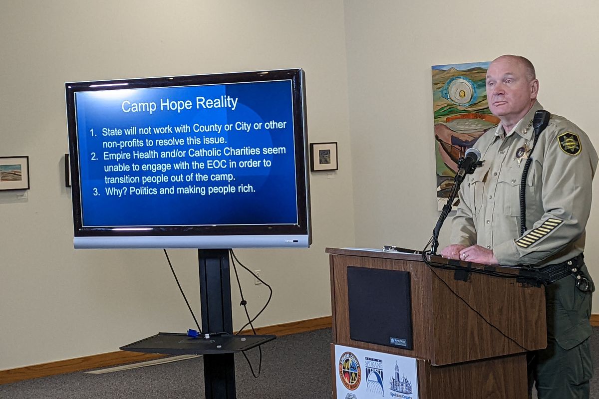 During a Tuesday news conference outlining the status of resources available to transition people from Camp Hope into shelters, Spokane County Sheriff Ozzie Knezovich discussed frustrations with a perceived lack of cooperation from state agencies and some service providers.  (Emry Dinman/The Spokesman-Review)