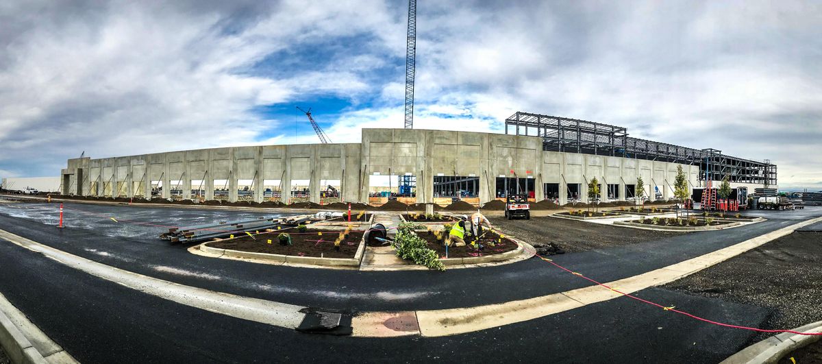 The new 640,000 square-foot Amazon fulfillment center, seen here on Friday, Nov. 2, 2018, is taking shape on the West Plains near Spokane. (Dan Pelle / The Spokesman-Review)