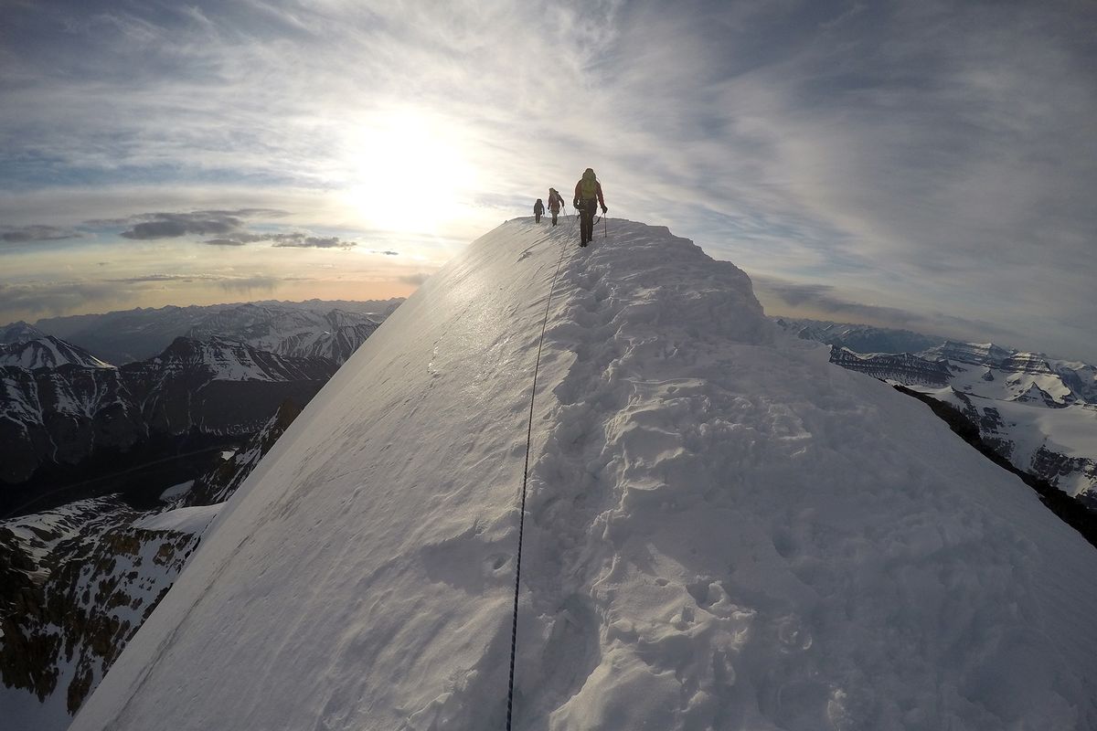 Students and instructors of the Spokane Mountaineers Mountain School approach the summit of 11,453-foot Mount Athabasca in the Canadian Rockies of Alberta.