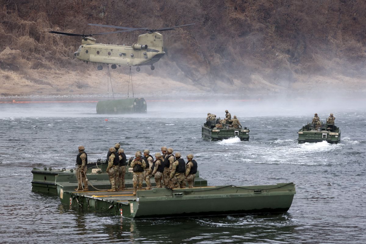 U.S. Army soldiers take part in a U.S.-South Korea joint river-crossing exercise, which is a part of the annual Freedom Shield joint military training, near the demilitarized zone separating South and North Korea, in Yeoncheon, South Korea, March 14, 2026.  (Reuters)