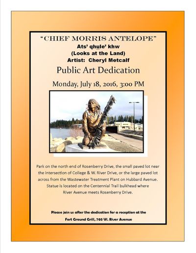 Flyer announcing the dedication of a new piece of Coeur d'Alene public art, honoring Chief Morris Antelope of the Coeur d'Alene Indian Tribe.