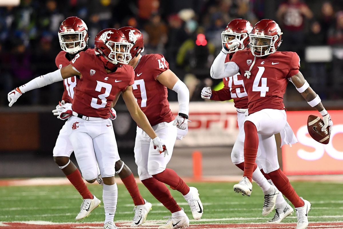Washington State Cougars cornerback Marcus Strong (4) celebrates after he intercepted a pass against Arizona during the first half of a college football game on Saturday, November 17, 2018, at Martin Stadium in Pullman, Wash. (Tyler Tjomsland / The Spokesman-Review)
