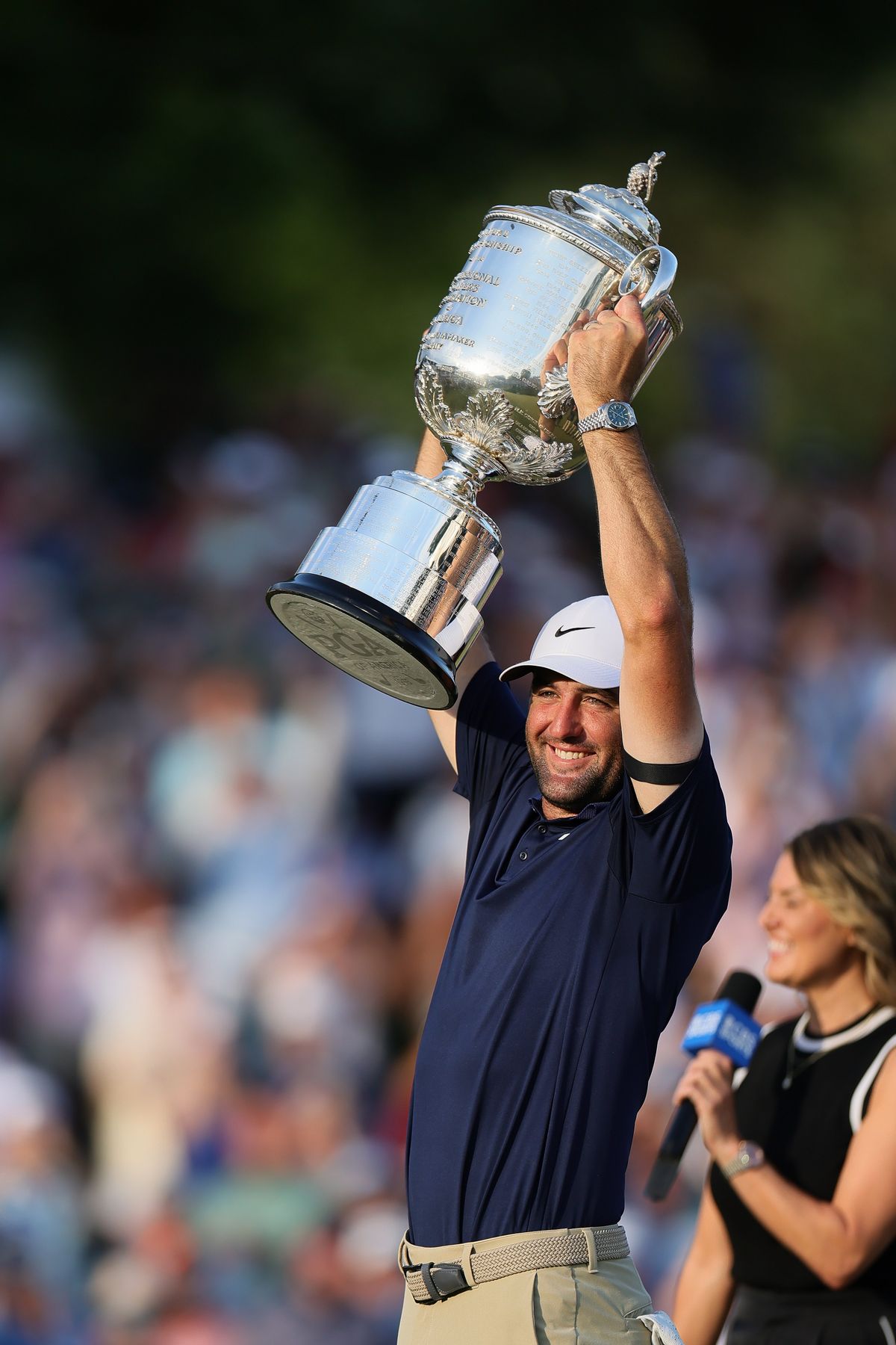 Scottie Scheffler celebrates Sunday after winning the PGA Championship at Quail Hollow Club in Charlotte, N.C. (Getty Images)