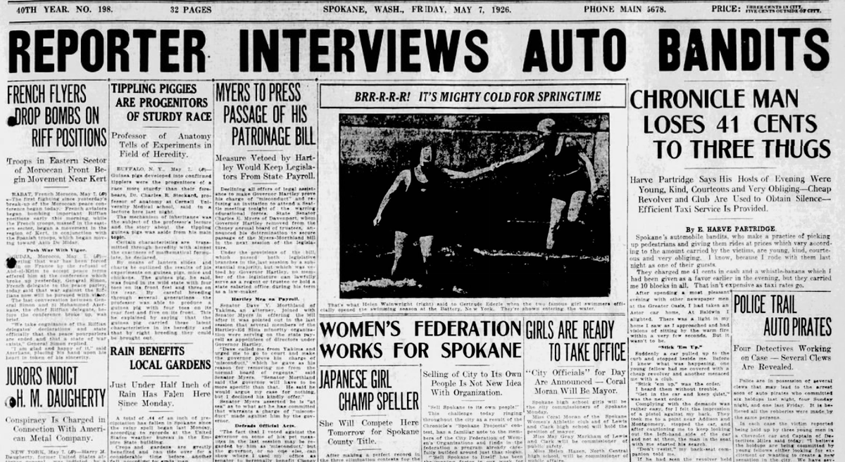 E. Harve Partridge, a Spokane Daily Chronicle reporter, was abducted by "auto pirates," the newspaper reported on May 7, 1926. They eventually let him go after forcing him to turn over 41 cents at gunpoint. (Spokesman-Review archives)