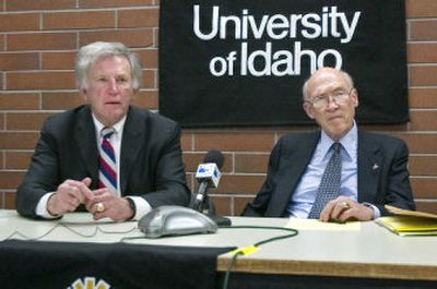 
Former U.S. Sens. Gary Hart, D-Colo., left, and Alan Simpson, R-Wyo., speak to the press Thursday at the University of Idaho. 
 (Brian Immel / The Spokesman-Review)
