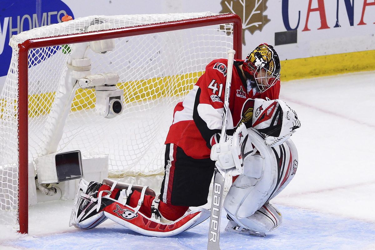 Ottawa Senators goalie Craig Anderson (41) takes a moment to celebrate his team’s victory over the Pittsburgh Penguins following game six of the Eastern Conference final in the NHL Stanley Cup hockey playoffs in Ottawa on Tuesday, May 23, 2017. (Sean Kilpatrick / Canadian Press via AP)