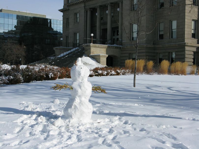 Snowman on state Capitol grounds Friday (Betsy Russell)