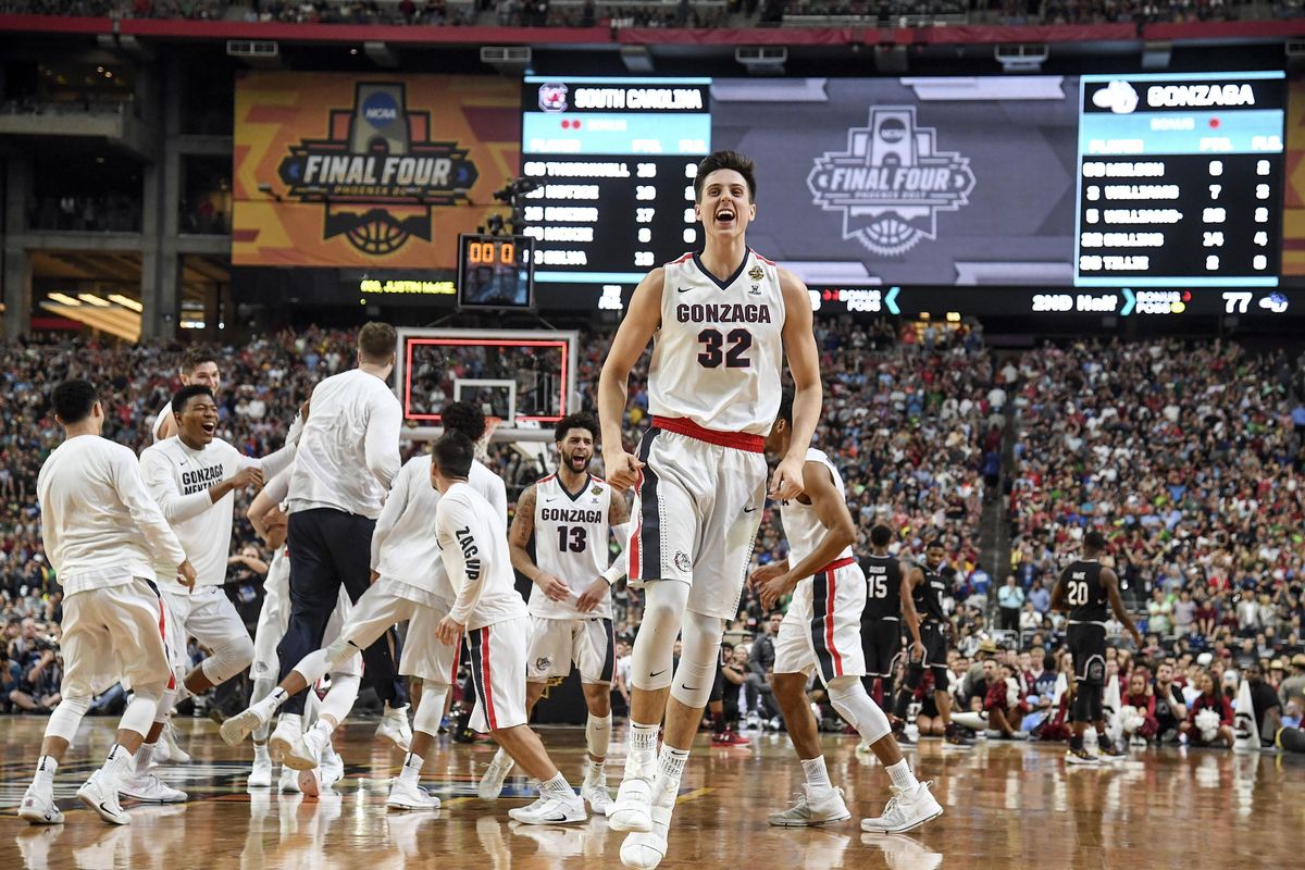 Gonzaga forward Zach Collins and his teammates celebrate their win over South Carolina Sat., April 1, 2017, in their NCAA Final Four game in Phoenix. (Dan Pelle / The Spokesman-Review)