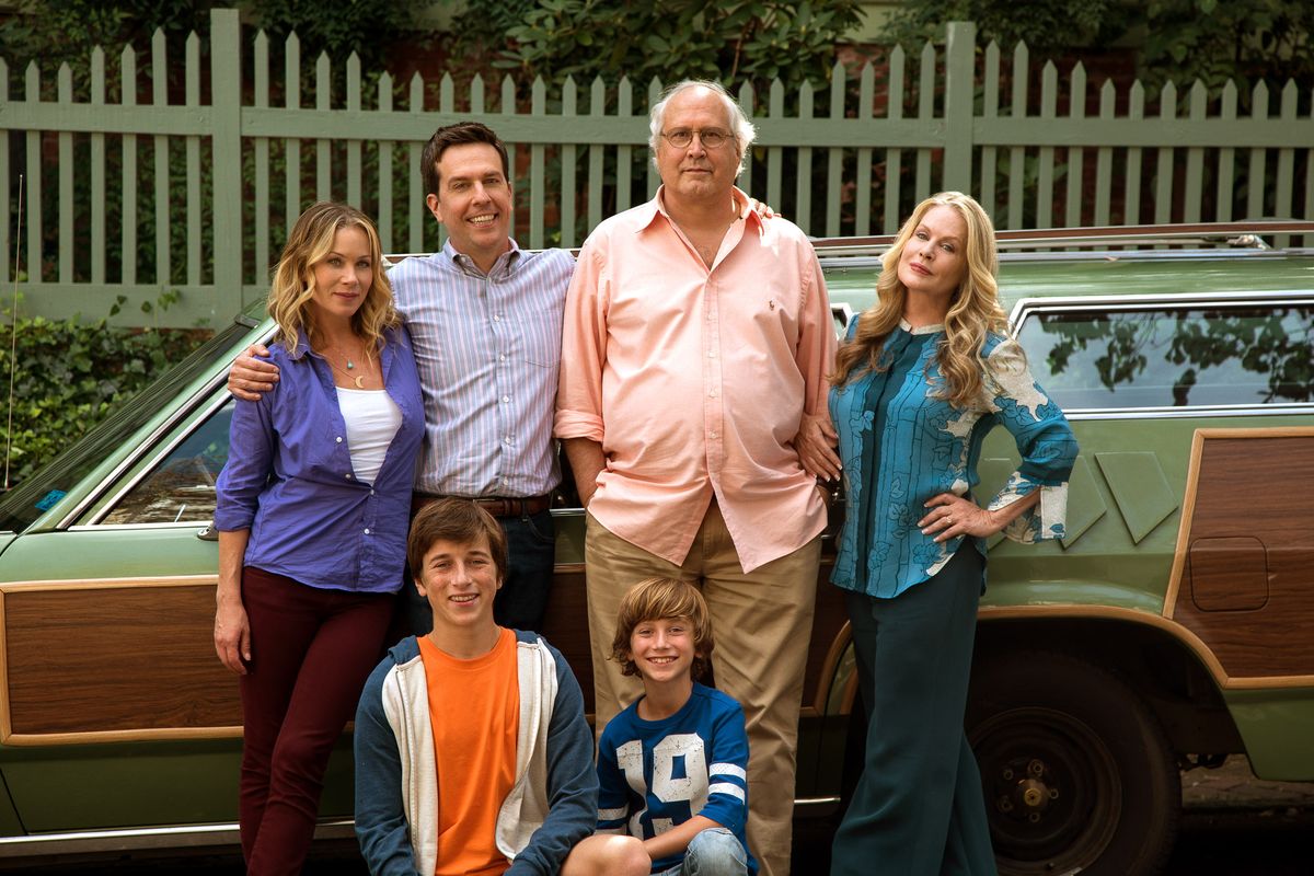 Christina Applegate, standing from left, Ed Helms, Chevy Chase, Beverly D