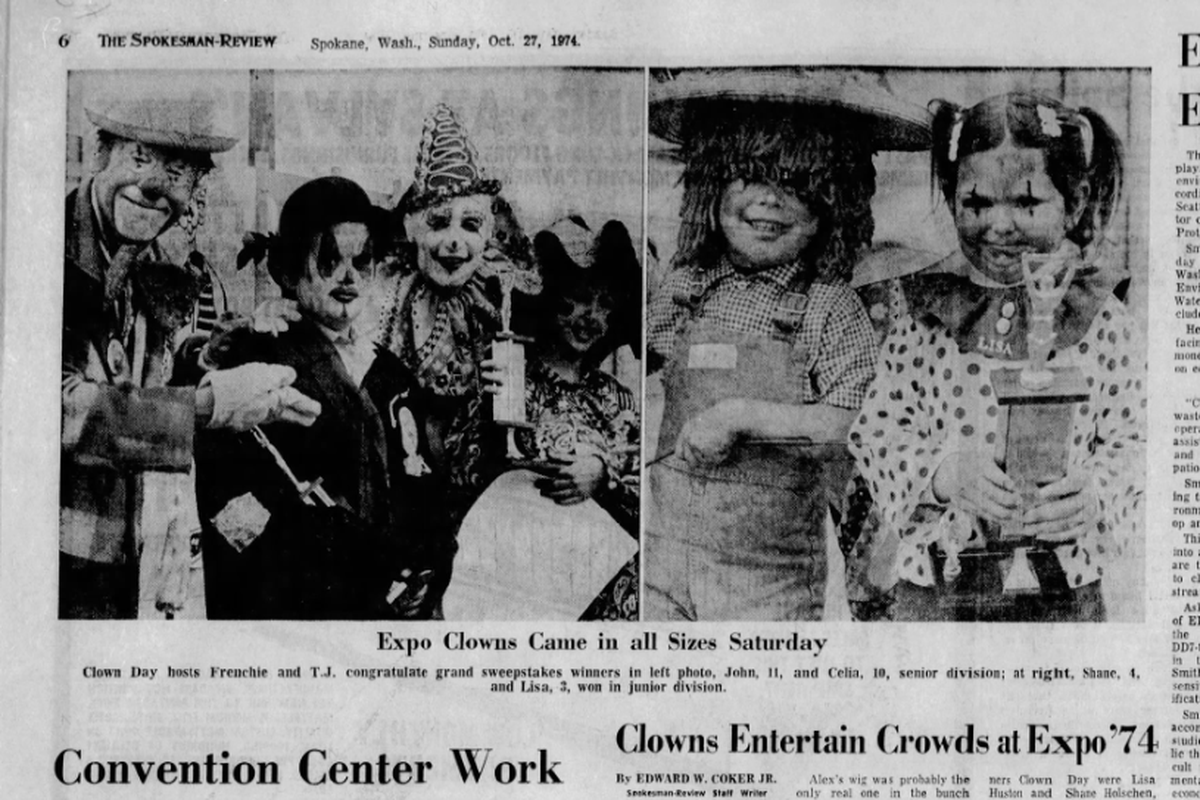 Professional clowns, amateur clowns and lots of kids dressed up as clowns descended on Expo ’74 for Clown Day, The Spokesman-Review reported on Oct. 27, 1974.  (Spokesman-Review archives)