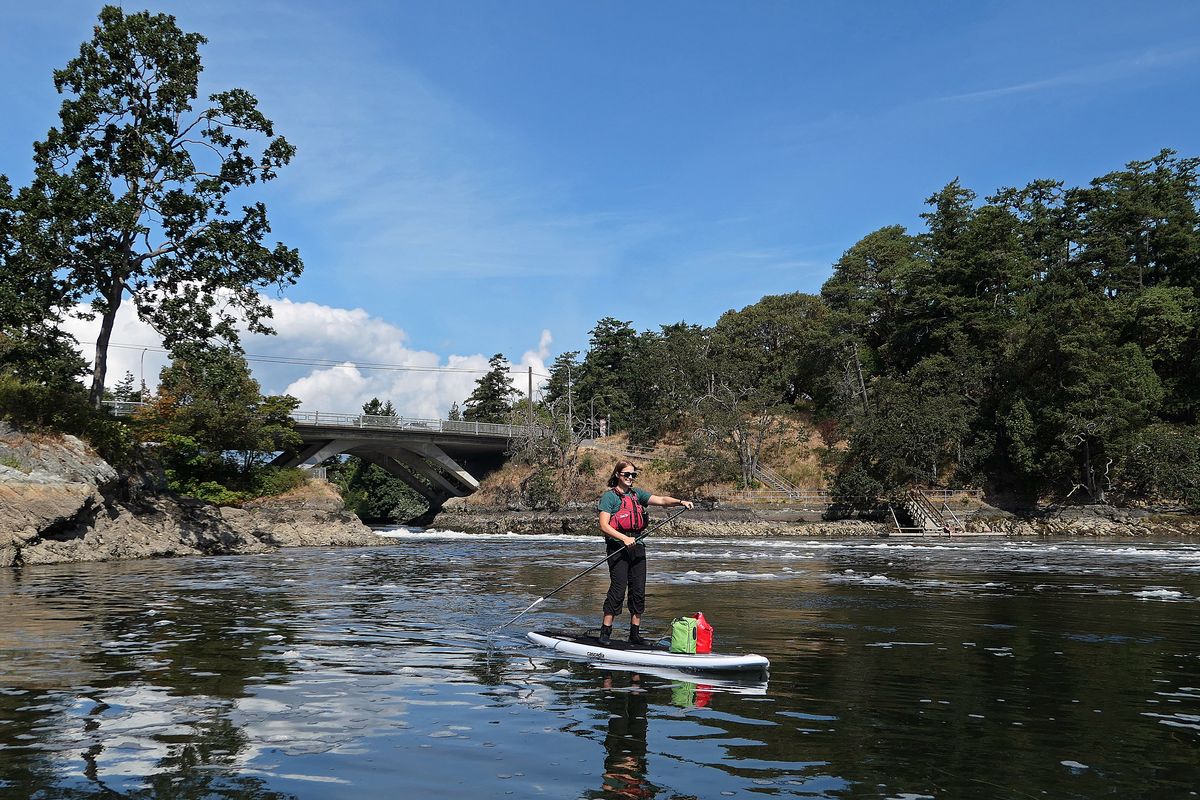 Emma Troost of Ocean River Sports & Adventures paddles near the Tillicum Bridge in the gorge area of Victoria