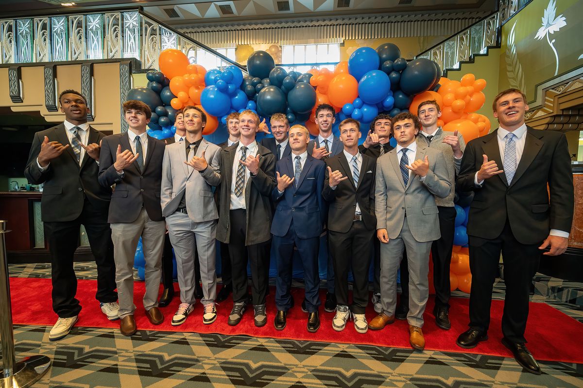The Colfax High School boys basketball team has a photo taken on the red carpet during the 2026 Spokane Youth Sports Award, Tuesday, June 9, 2026, at the Fox Theater. The team won the Region Boys High School Team of the Year during the award ceremony.  (COLIN MULVANY /THE SPOKESMAN-REVIEW)