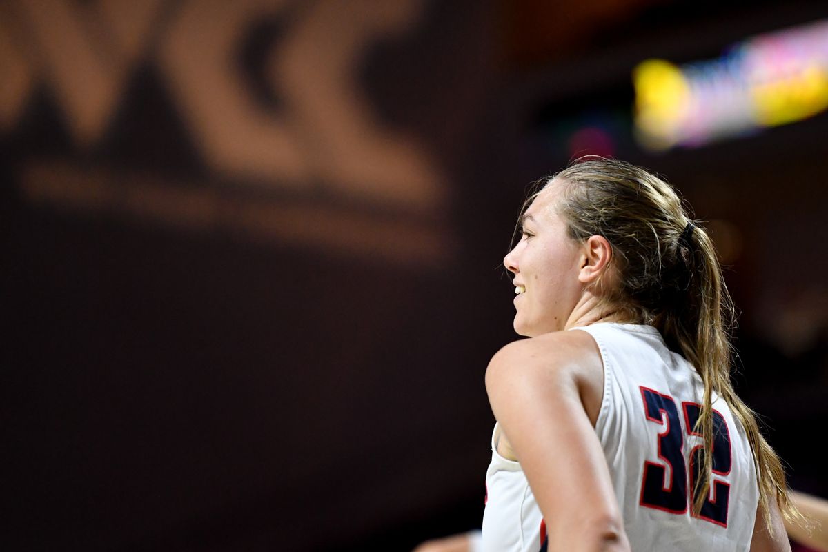 Gonzaga Bulldogs guard Jill Townsend (32) smiles between plays against the Portland Pilots during the second half of a West Coast Conference semifinal basketball game on Monday, March 9, 2020, at The Orleans in Las Vegas, Nev. Portland Pilots won the game 70-69. (TYLER TJOMSLAND)