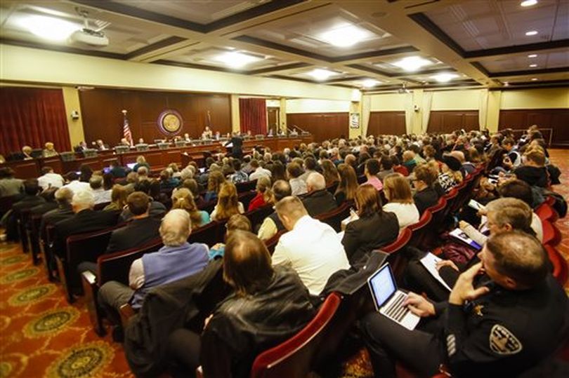 Crowd watches hearing on HB 2, the 