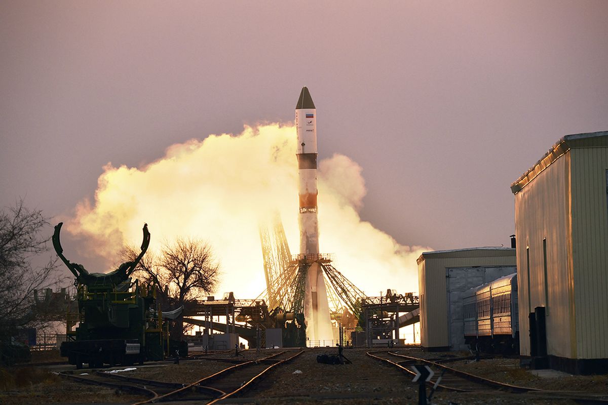 In this photo provided by Roscosmos Space Agency Press Service, the Progress MS-16 cargo blasts off from the launch pad at Russia