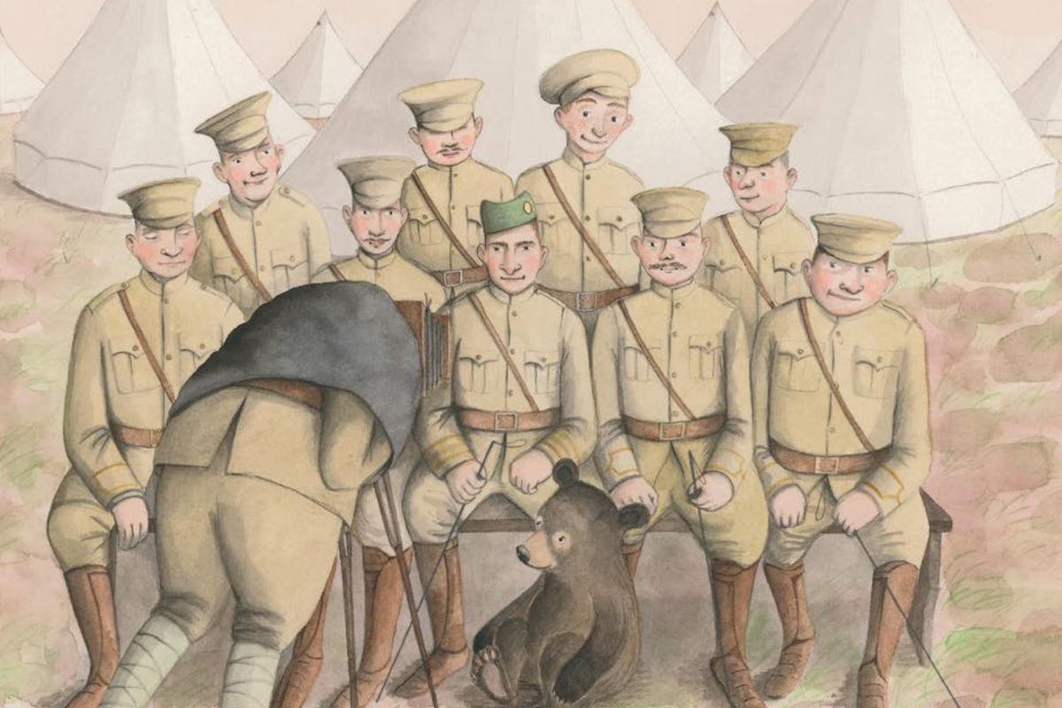 This is an image of an illustration of Winnie the Bear posing with a group of Canadian soldiers from the book “Finding Winnie” by Lindsay Mattick, whose great-grandfather, Canadian soldier Harry Colebourn, was on his way to fight in World War I when he bought a bear cub he named Winnie.