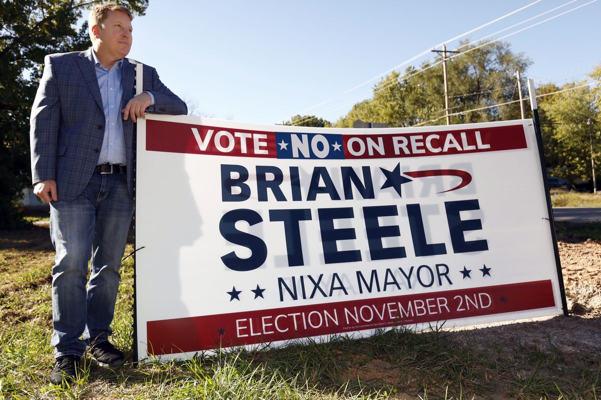 Brian Steele, Mayor of Nixa, is seen next to one of his campaign signs in Nixa, Missouri on Oct. 21,2021. Steele is facing a recall election on November 2 as a local conservative group has taken issue with some of the cities COVID-19 measures taken in the past year.  (Bruce E. Stidham - STIDZ Media)