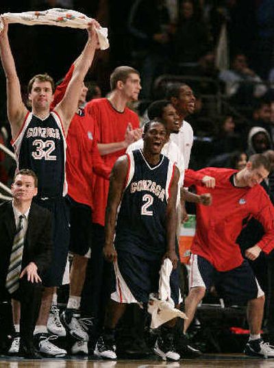 
 The Zags celebrate a victory against No. 2 North Carolina. 
 (Associated Press / The Spokesman-Review)