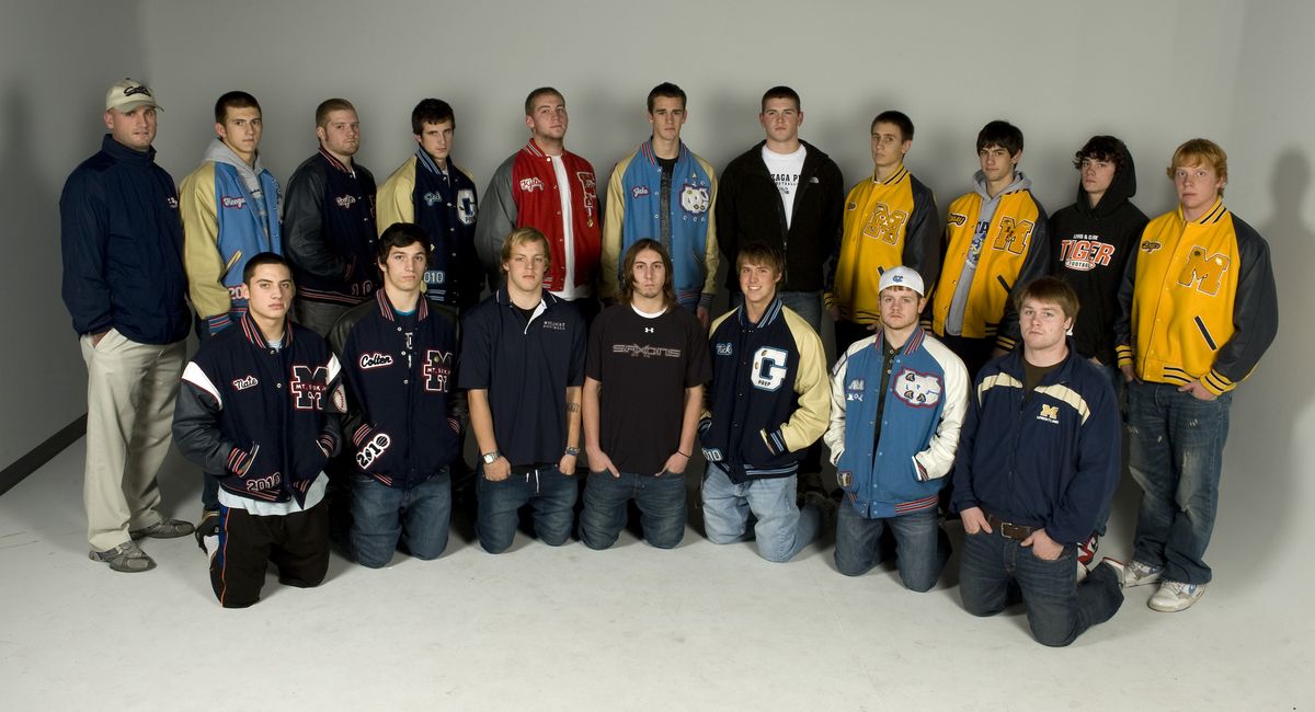 2009 All GSL Boys Football Defense. Front row from left, Nate Blackham, Mt. Spokane; Colten Williams, Mt. Spokane; Jay Sicilia, Mt. Spokane; Pete Anderson, Ferris; Nick Lenoue, Gonzaga Prep; Nick Beeler, Central Valley; Jake Trotter, Mead. Back row from left, assistant coach of the year Terry Cloer, Mt. Spokane; Keegan Shea, Central Valley; Taylor Smith, Mt. Spokane; Jack Wilson, Gonzaga Prep; Kjelby Oiland, Ferris; Jake Miller, CV; Charlie Hopkins, Gonzaga Prep; Bo Tully, Mead; Casey Monahan, Mead; Dakota Dubois, Lewis and Clark; Bryce Peters, Mead. (Colin Mulvany / The Spokesman-Review)