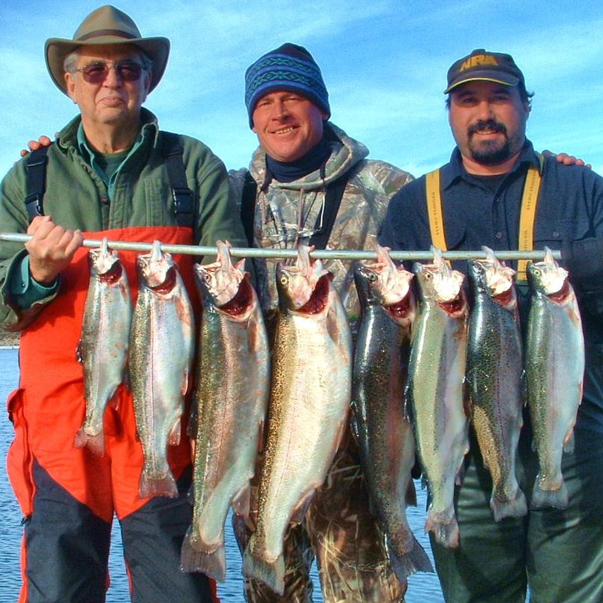 James Cato of Selah, Wash., fished with son Mike and guide Jeff Witkowski and one other angler on Nov. 13, 2011, to land this their 4 guy limit of Rainbows from Lake Rufus Woods.  They had brought 38 to the boat by noon. The largest was 9.2 pounds. (Darrell & Dad
