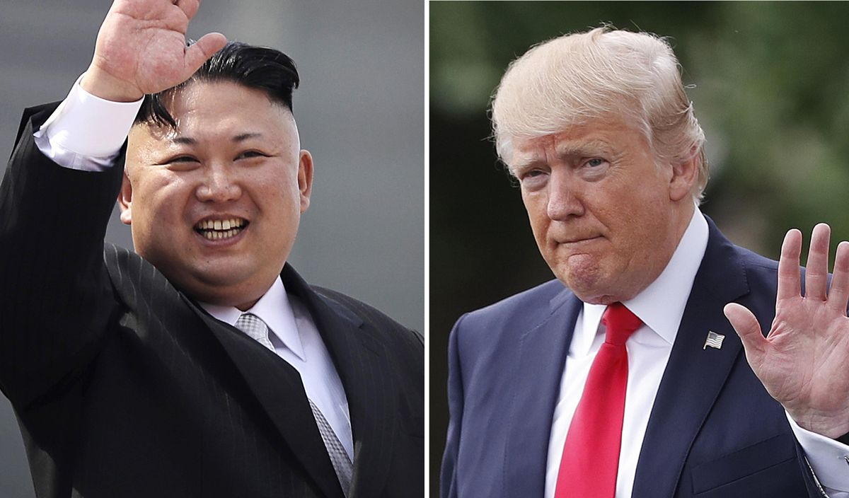 This combination of photos show North Korean leader Kim Jong Un on April 15, 2017, in Pyongyang, North Korea, left, and U.S. President Donald Trump in Washington on April 29, 2017. A dictator stands on the verge of possessing nuclear missiles that threaten U.S. shores. A worried world ponders airstrikes and sanctions. (Wong Maye-E, Pablo Martinez Monsivais / Associated Press)