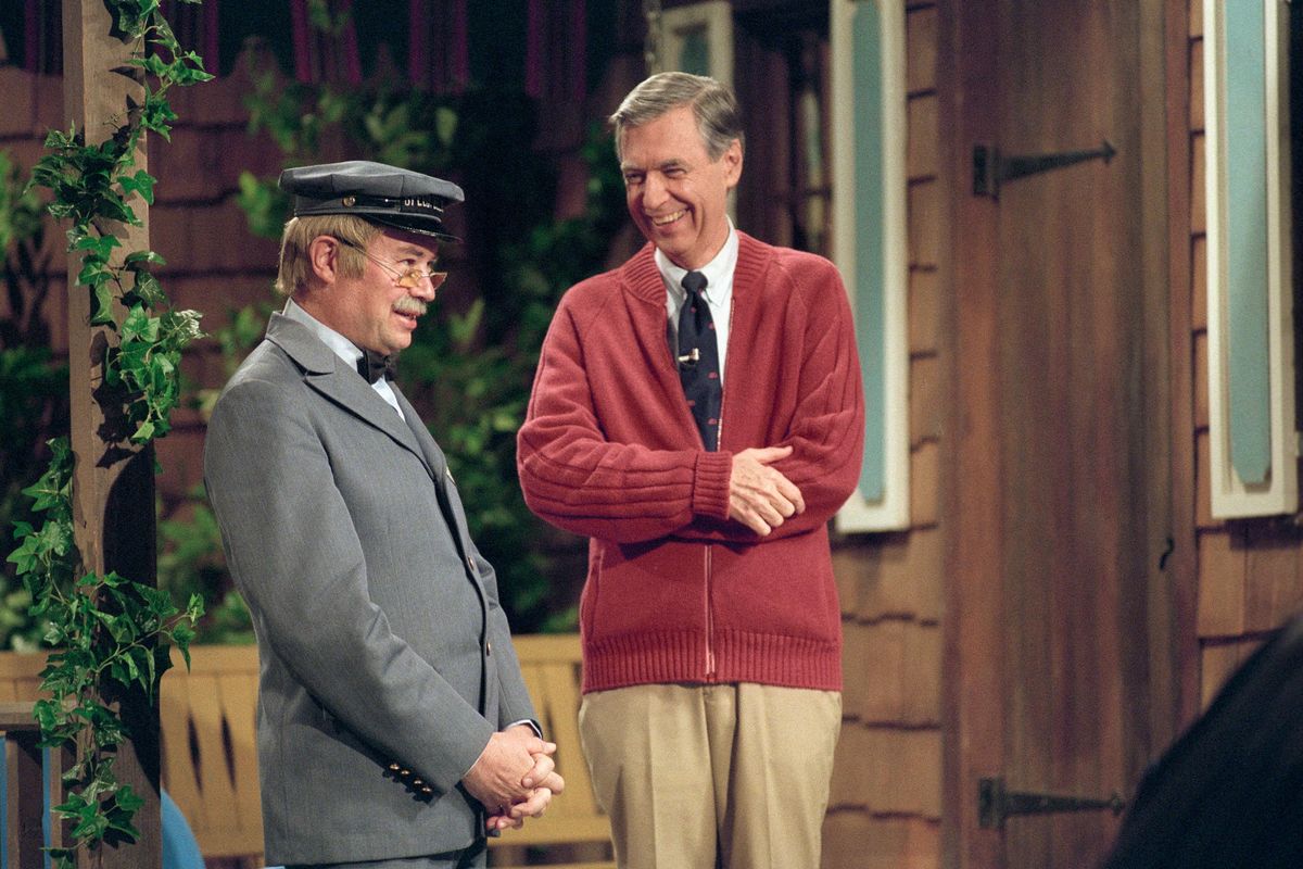 David Newell, as Mr. McFeely, left, and Fred Rogers on the set of “Mister Rogers’ Neighborhood,” from the film, “Won’t You Be My Neighbor.” (Lynn Johnson / Focus Features)
